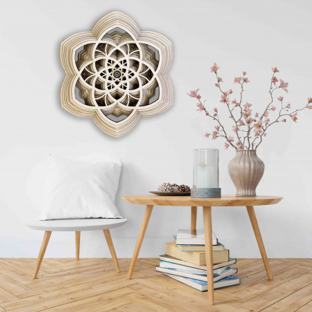 Drewniana mandala Harmonia wykonana z kilku warstw o wymiarach do 90 x 100 cm