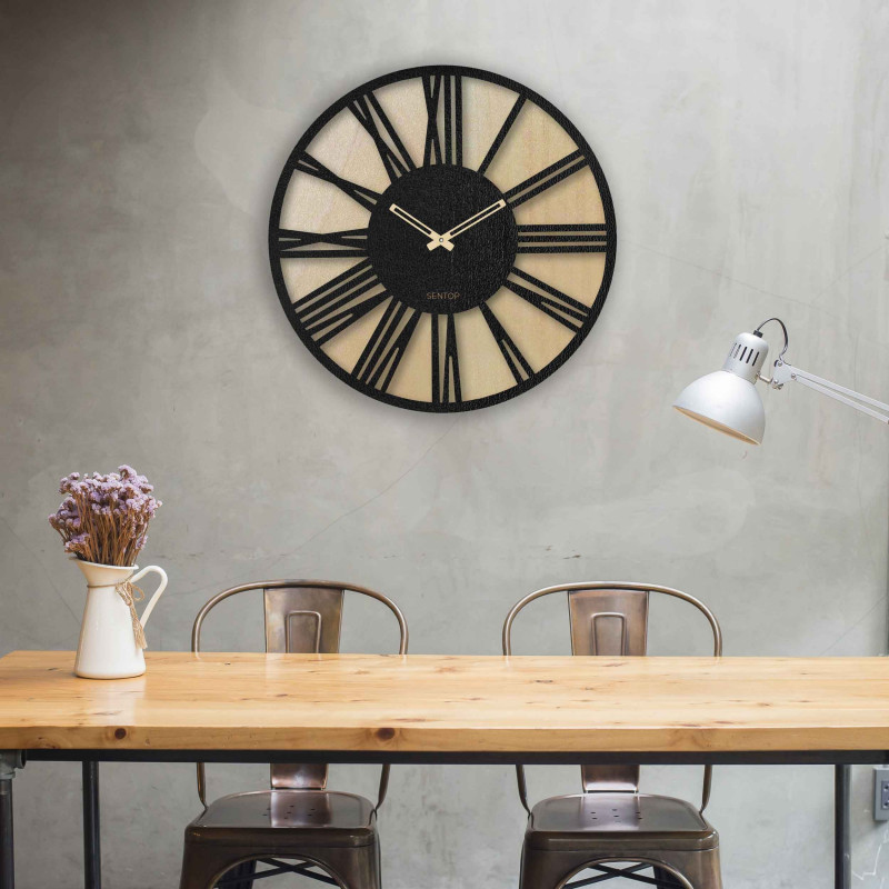 Drewniany zegar ścienny z cyframi rzymskimi -...