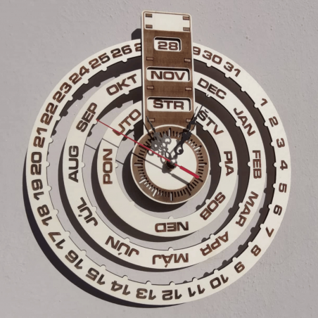 Grawerowany zegar ścienny, drewniany kalendarz - JOGBELII