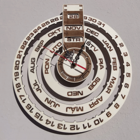 Grawerowany zegar ścienny, drewniany kalendarz - JOGBELII