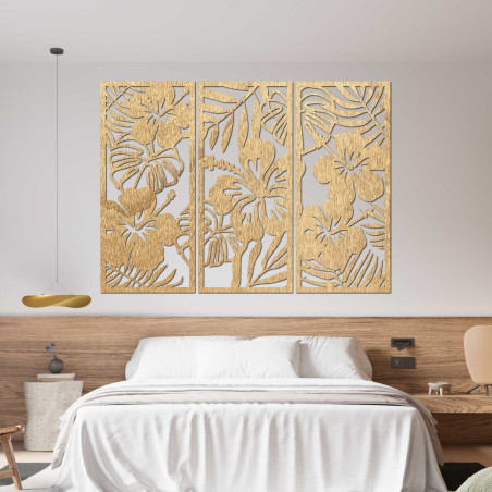 3-częściowy drewniany obraz z kwiatem Ibisztek - DROBERE