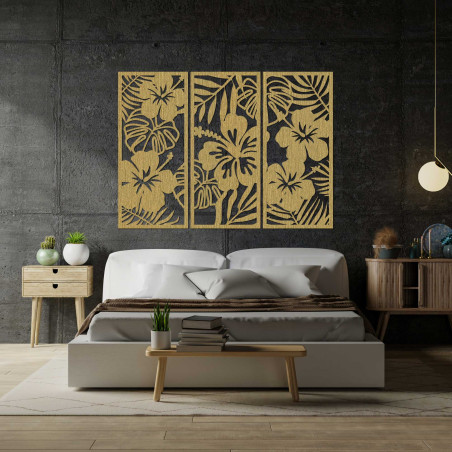 3-częściowy drewniany obraz z kwiatem Ibisztek - DROBERE