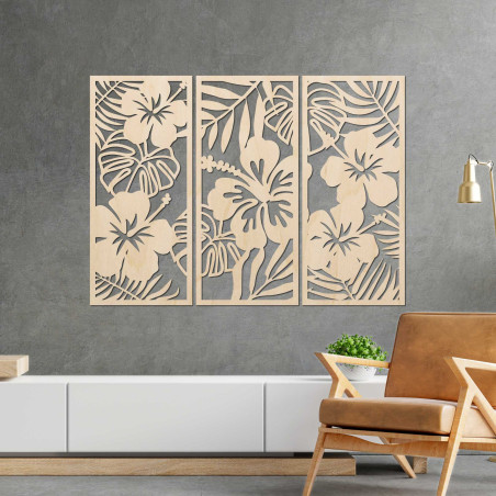 3-częściowy drewniany obraz z kwiatem Ibisztek - DROBERE