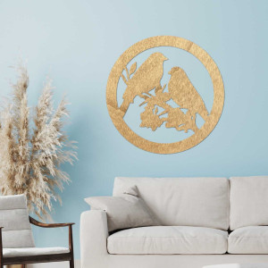 Drewniane malowidło ścienne przedstawiające ptaki na gałęzi 2