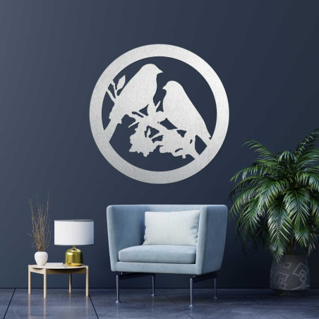 Drewniane malowidło ścienne przedstawiające ptaki na gałęzi