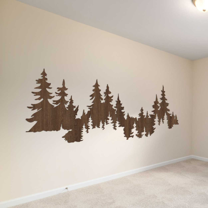 Minimalistyczne wnętrze ze stylową drewnianą dekoracją leśną na ścianie.