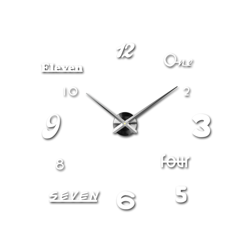 Designerski zegar ścienny z kombinacją cyfr i słów w kreatywnym układzie.