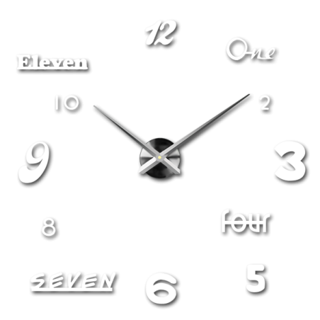Designerski zegar ścienny z kombinacją cyfr i słów w kreatywnym układzie. Designerski zegar ścienny z kombinacją cyfr i słów w kreatywnym układzie.