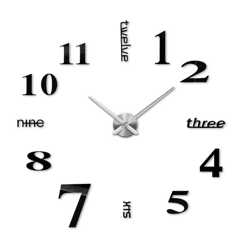 Zegar samoprzylepny z charakterystycznymi wskazówkami i niekonwencjonalną typografią cyfr.