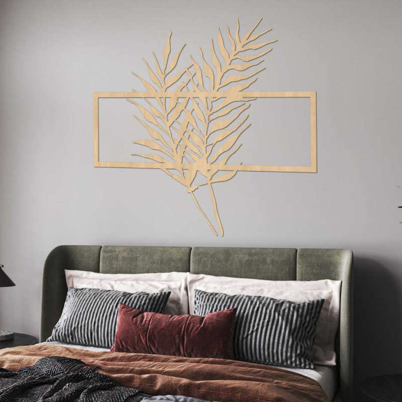 Drewniany obraz z minimalistycznymi liśćmi w...