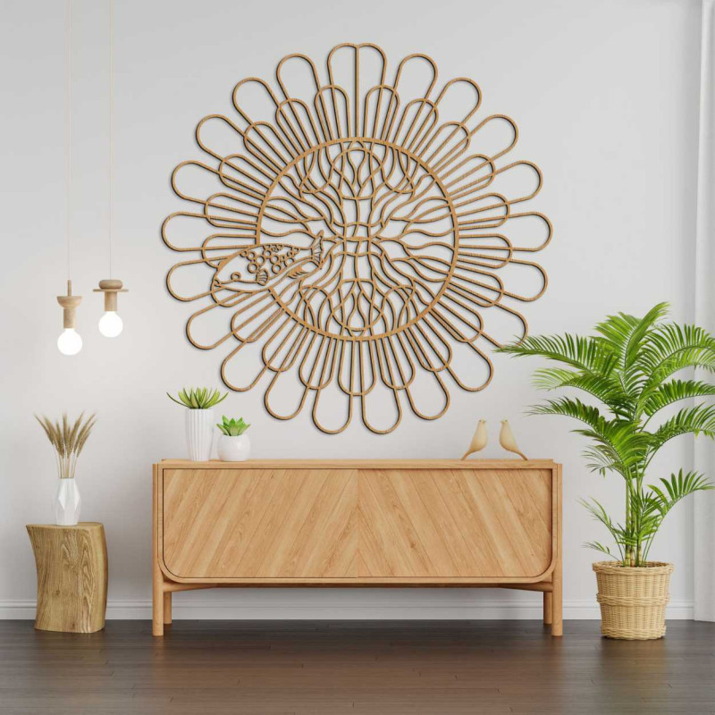 Dekoracja ścienna z charakterystycznym, okrągłym wzorem przypominającym kwitnący kwiat.