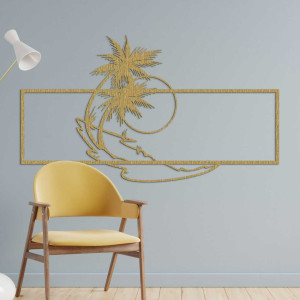 Tropikalny krajobraz z dwiema palmami i miękkimi liniami oceanu.