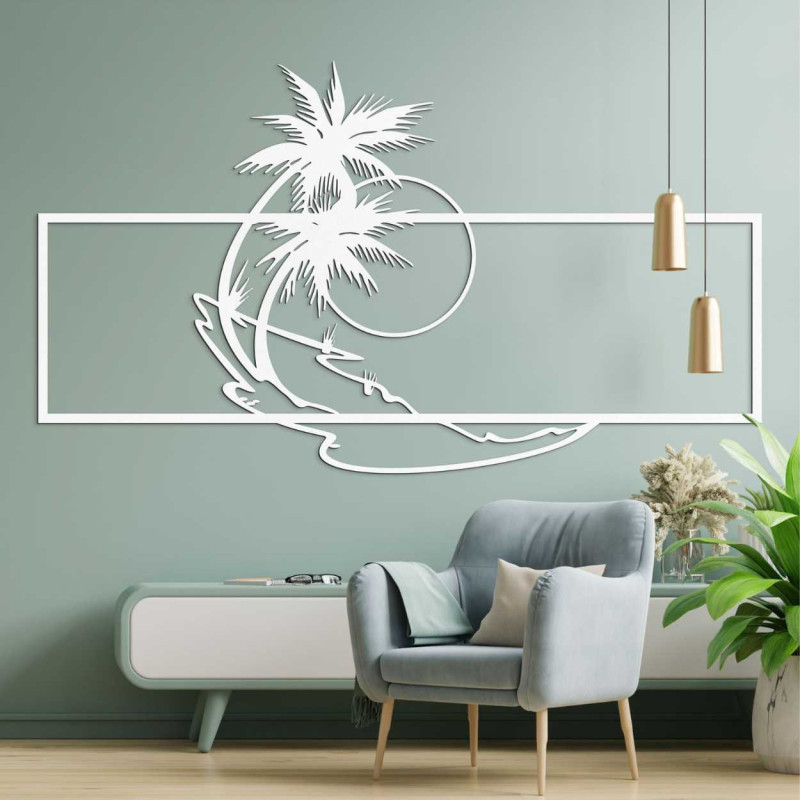 Motyw plażowy wyrzeźbiony w drewnie w czystym, geometrycznym stylu.