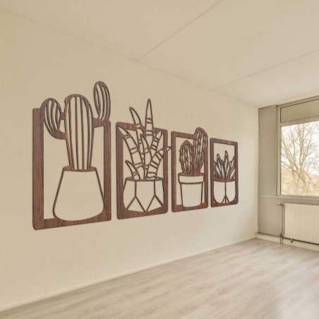 Rustykalna drewniana dekoracja z subtelnymi motywami roślin doniczkowych Rustykalna drewniana dekoracja z subtelnymi motywami roślin doniczkowych