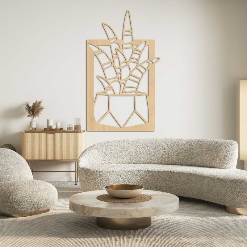 Rustykalna drewniana dekoracja z subtelnymi motywami roślin doniczkowych