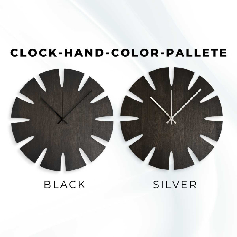 Duży drewniany zegar z prostą tarczą zaprojektowany do nowoczesnego wnętrza.