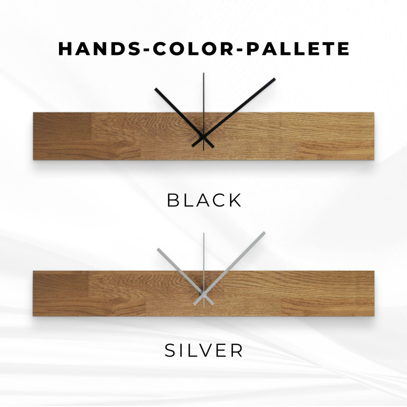 Drewniany zegar z poziomym elementem drewnianym i czarnymi cyframi arabskimi, odpowiedni do salonu.