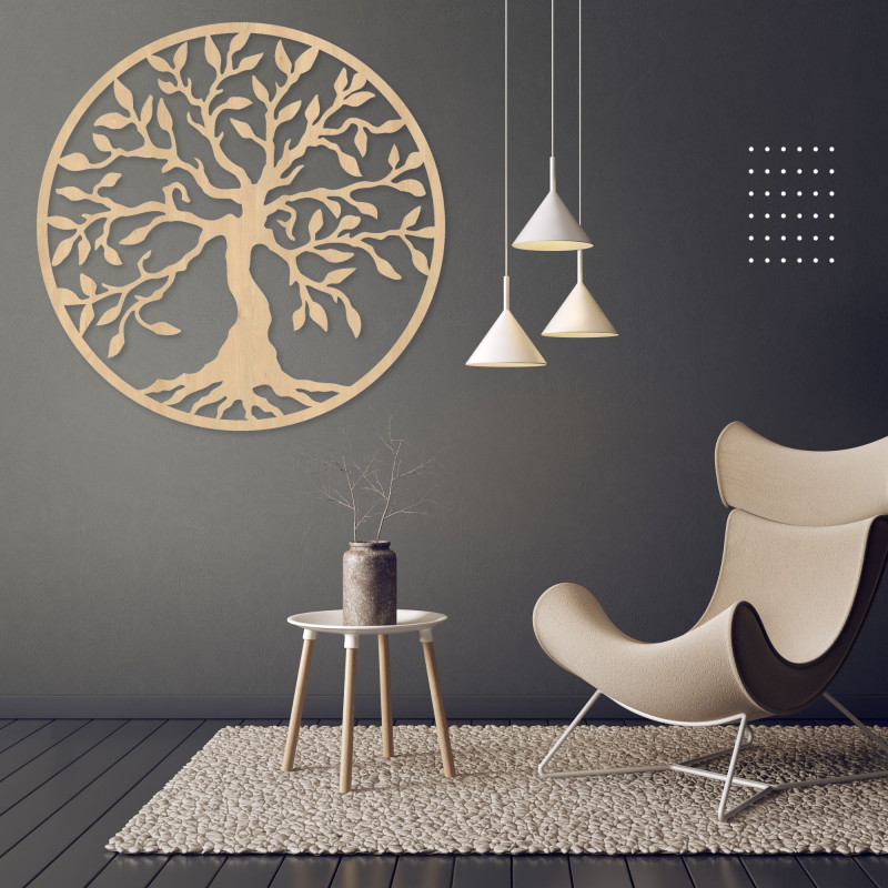 Drewniany obrazek przedstawiający drzewo życia w okręgu