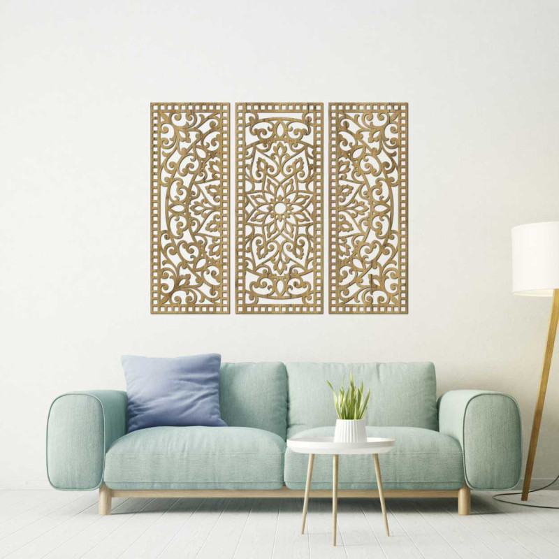 Kwiatowa mandala z drewna – boho, 3-częściowa dekoracja ścienna
